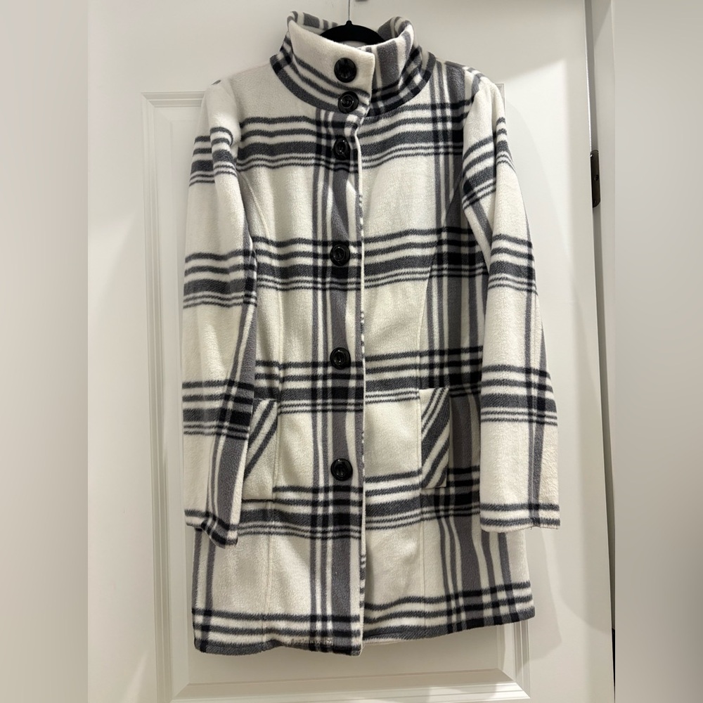 Avalanche Fleece Pea Coat Style Fleece Jacket in Black and White Plaid (Size L)